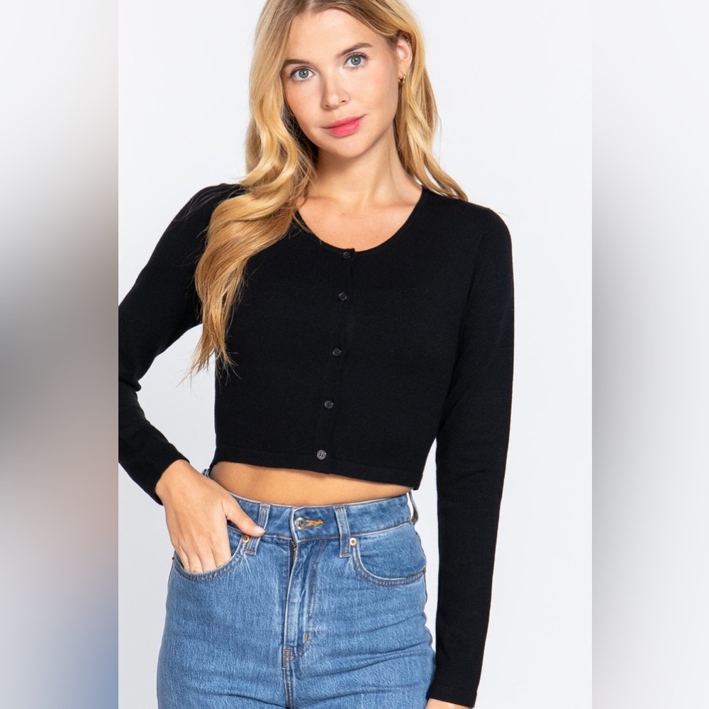 Black Button Down Round Neck Long Sleeve Cropped Cardigan Sweaters